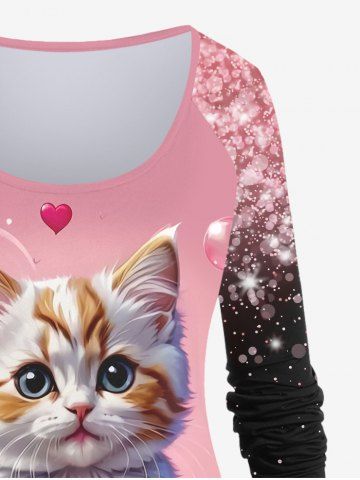 Plus Size Valentine's Day Cat Heart Colorblock Glitter Sparkling Sequin 3D Print Raglan Sleeve T-shirt