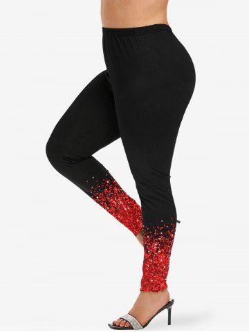 Plus Size Colorblock Sparkling Sequin Glitter 3D Print Leggings - RED - XS