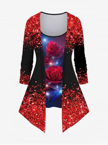 Plus Size Rose Flower Glitter Sparkling Sequin 3D Print 2 In 1 T-shirt - RED - S