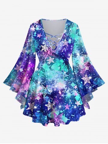 Plus Size Galaxy Stars Tie Dye Paint Splatter Graffiti Glitter 3D Print Lattice Crisscross Flare Sleeve T-shirt - MULTI-A - 1X
