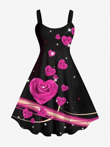Plus Size Valentine's Day Rose Flowers Heart Glitter Sparkling Sequin 3D Print Tank Dress - LIGHT PINK - S