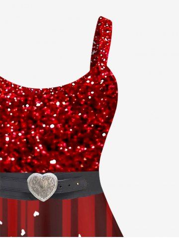 Plus Size Valentine's Day Glitter Sparkling Sequin Heart Buckle Belt 3D Print Tank Party Cocktail Dress