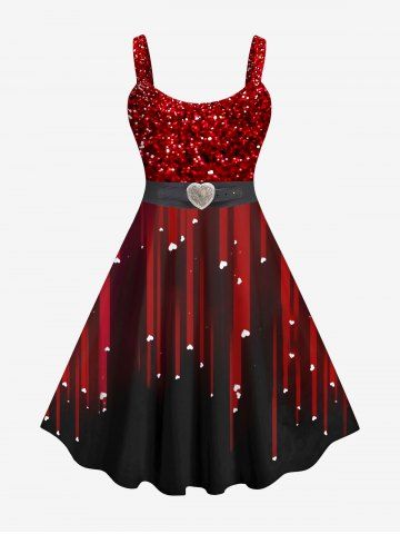 Plus Size Valentine's Day Glitter Sparkling Sequin Heart Buckle Belt 3D Print Tank Party Cocktail Dress - RED - 1X
