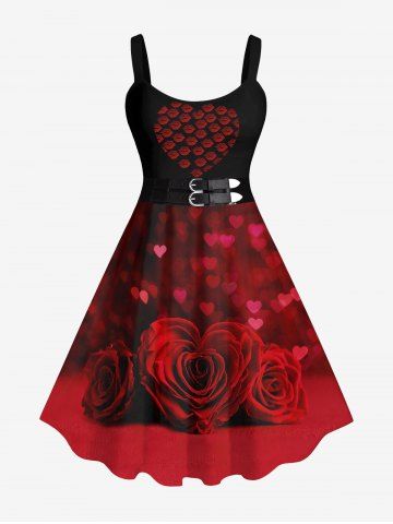 Plus Size Valentine's Day Rose Flower Heart Lips Glitter Buckle Belt 3D Print Tank Dress - RED - S