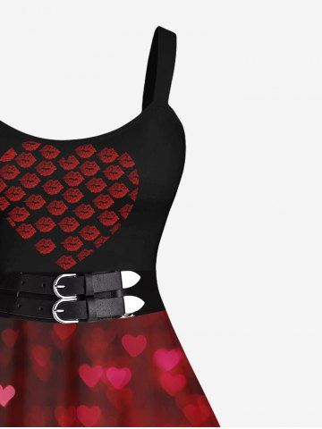Plus Size Valentine's Day Rose Flower Heart Lips Glitter Buckle Belt 3D Print Tank Dress