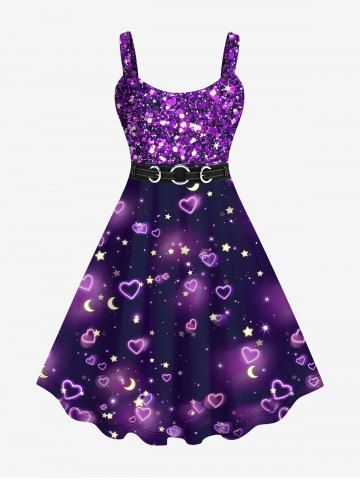 Plus Size Valentine's Day Heart Stars Moon Sparkling Sequin Glitter Buckle Belt 3D Print Tank Party Dress - PURPLE - S