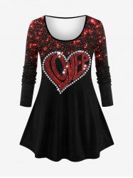 Plus Size Valentine's Day Heart Crystal Letters Glitter Sparkling Sequin 3D Print Long Sleeve T-shirt -  