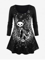 Plus Size Stars Skeleton Cat Skulls Flowers Tassel Glitter Sparkling Sequin 3D Print Long Sleeve T-shirt -  