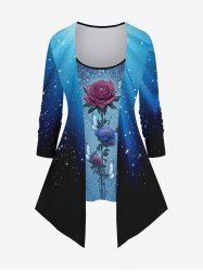 Plus Size Ombre Colorblock Rose Flower Butterfly Glitter Sparkling Sequin 3D Print 2 In 1 T-shirt -  