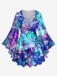 Plus Size Galaxy Stars Tie Dye Paint Splatter Graffiti Glitter 3D Print Lattice Crisscross Flare Sleeve T-shirt -  