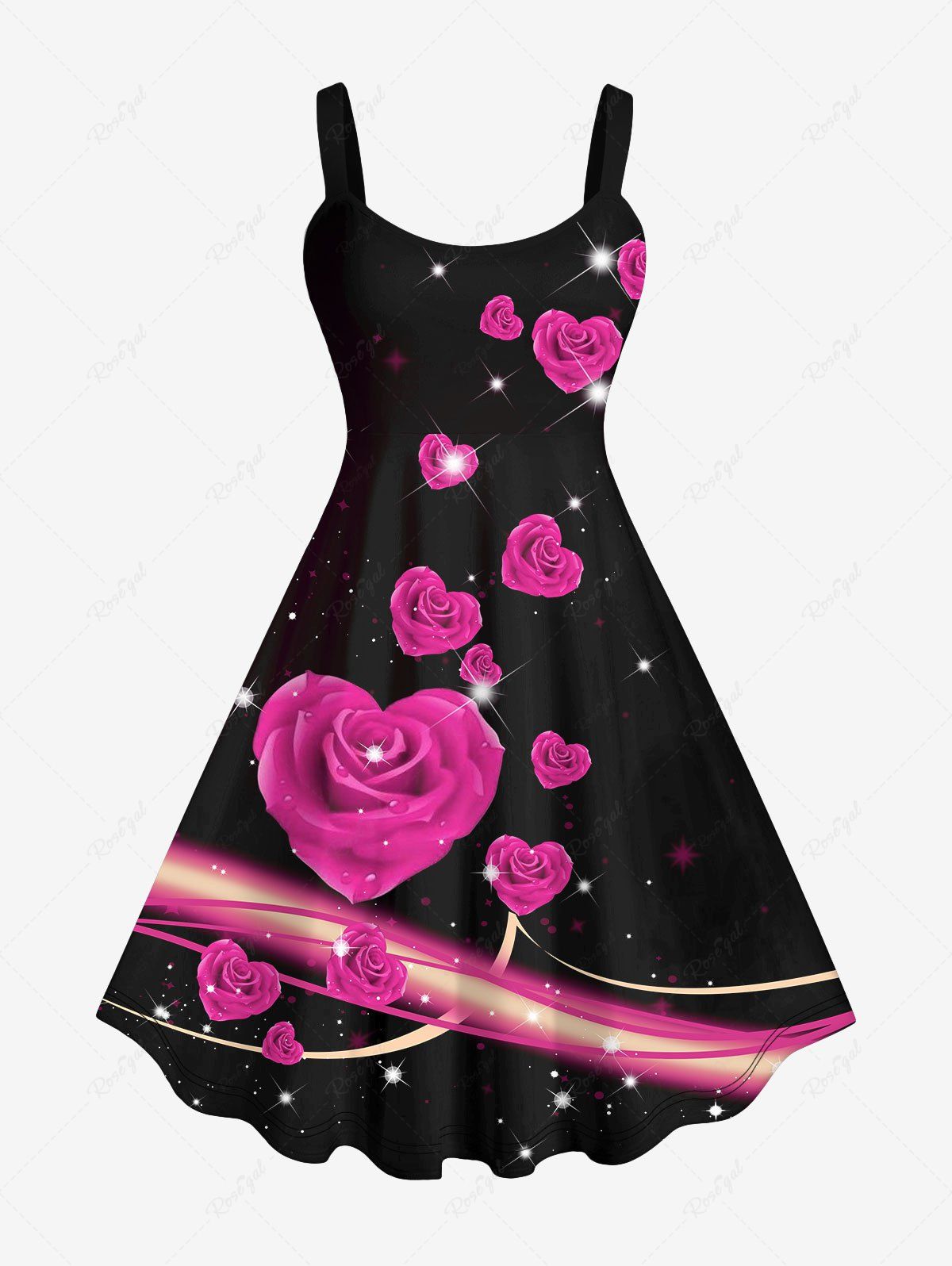 Affordable Plus Size Valentine's Day Rose Flowers Heart Glitter Sparkling Sequin 3D Print Tank Dress  