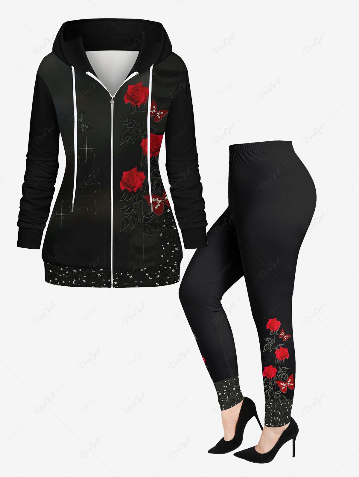 Best Valentine's Day Rose Flowers Butterfly Crystal Colorblock Glitter 3D Printed Pockets Zip Up Drawstring Hoodie and Leggings Plus Size Matching Set  