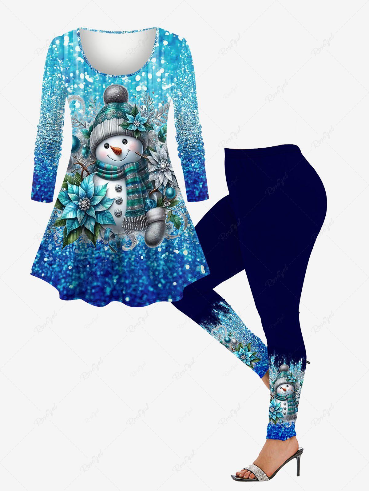 Hot Christmas Ball Snowman Flower Ombre Sparkling Sequin Glitter 3D Printed Long Sleeve T-shirt and Leggings Plus Size Matching Set  