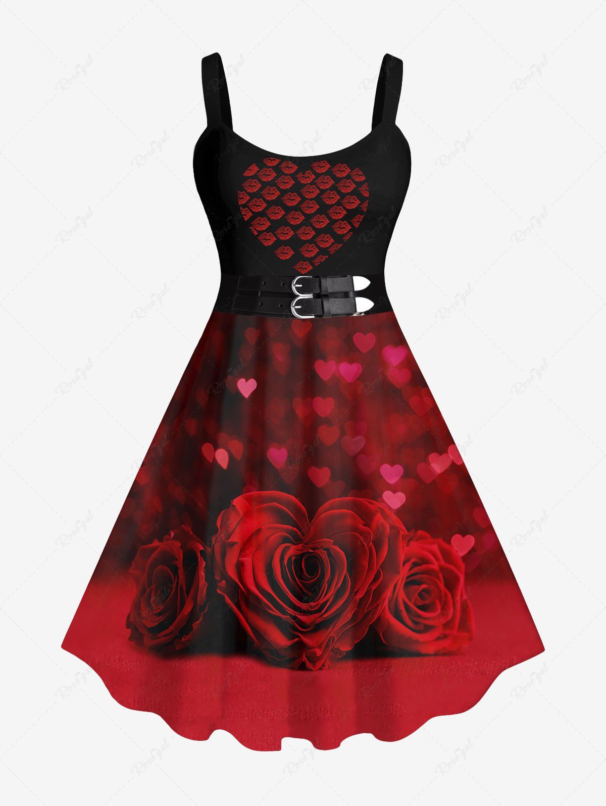 Latest Plus Size Valentine's Day Rose Flower Heart Lips Glitter Buckle Belt 3D Print Tank Dress  