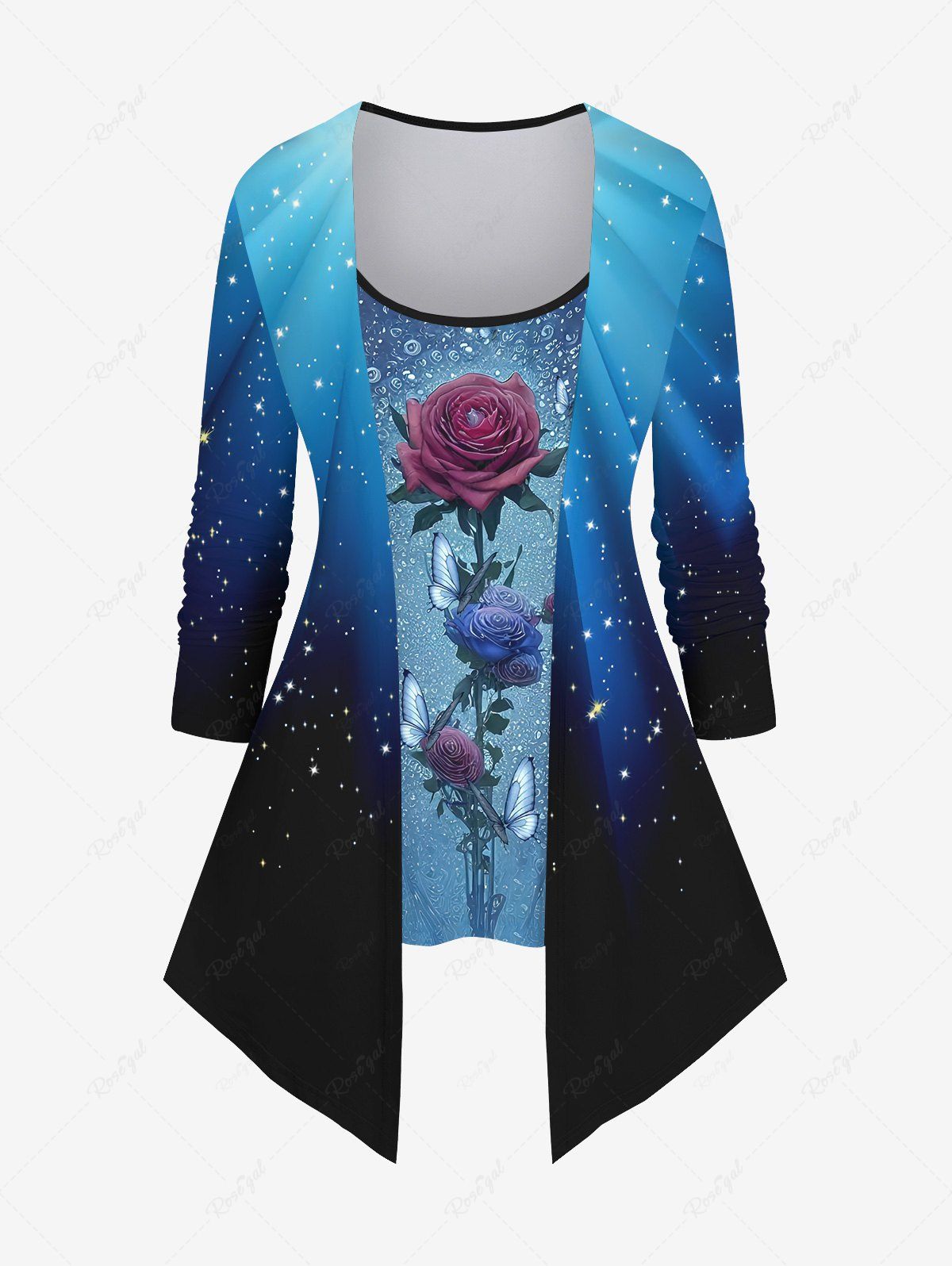 Unique Plus Size Ombre Colorblock Rose Flower Butterfly Glitter Sparkling Sequin 3D Print 2 In 1 T-shirt  