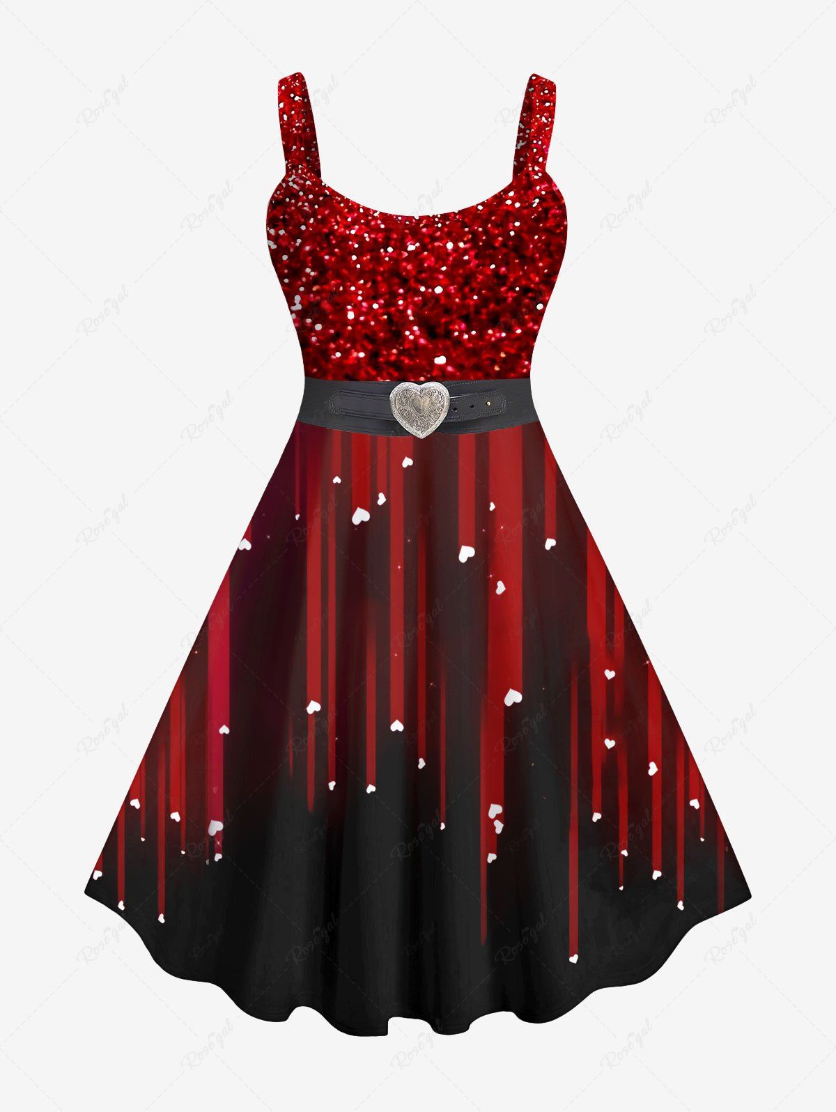 Hot Plus Size Valentine's Day Glitter Sparkling Sequin Heart Buckle Belt 3D Print Tank Party Cocktail Dress  