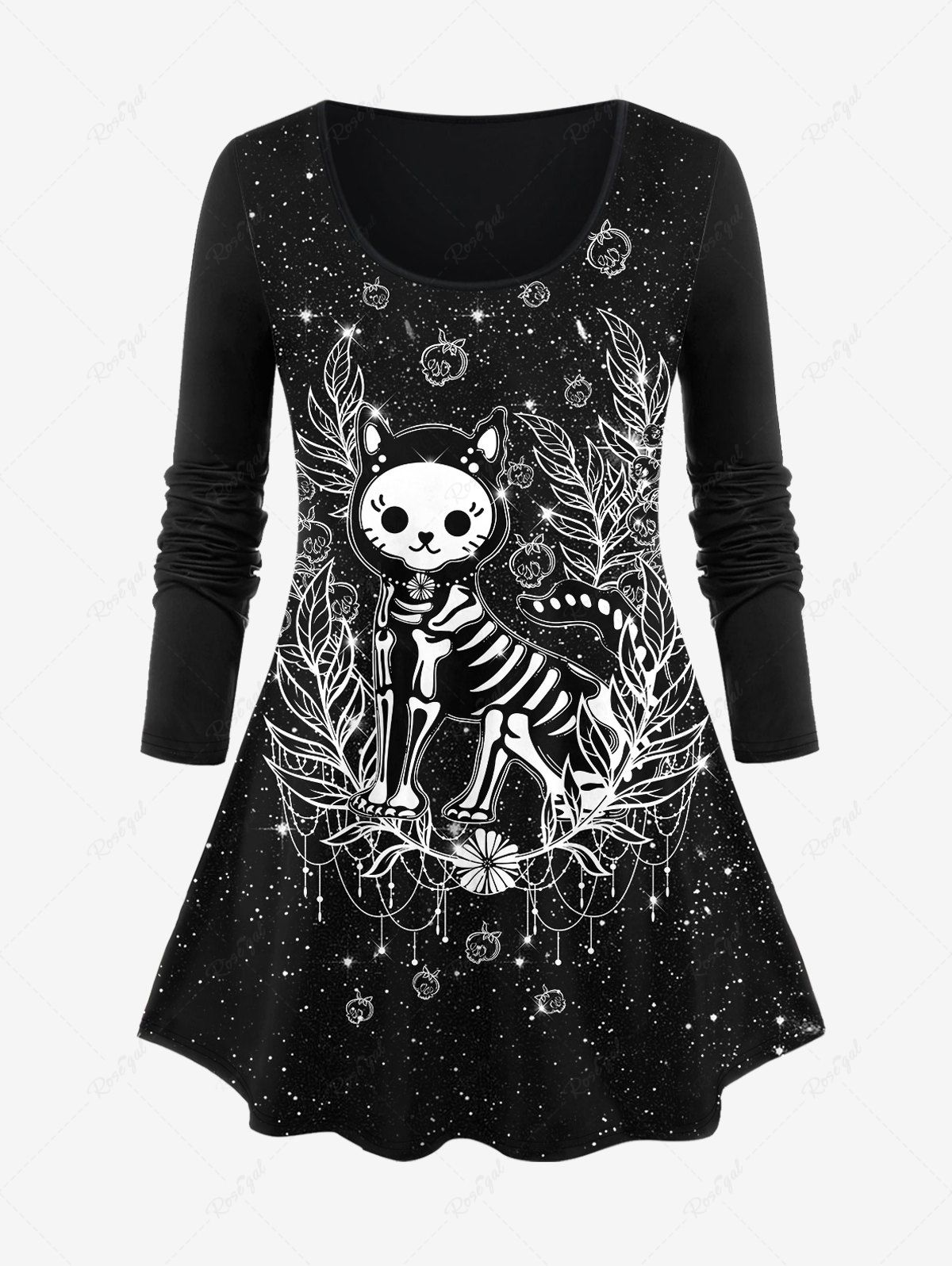 Outfits Plus Size Stars Skeleton Cat Skulls Flowers Tassel Glitter Sparkling Sequin 3D Print Long Sleeve T-shirt  