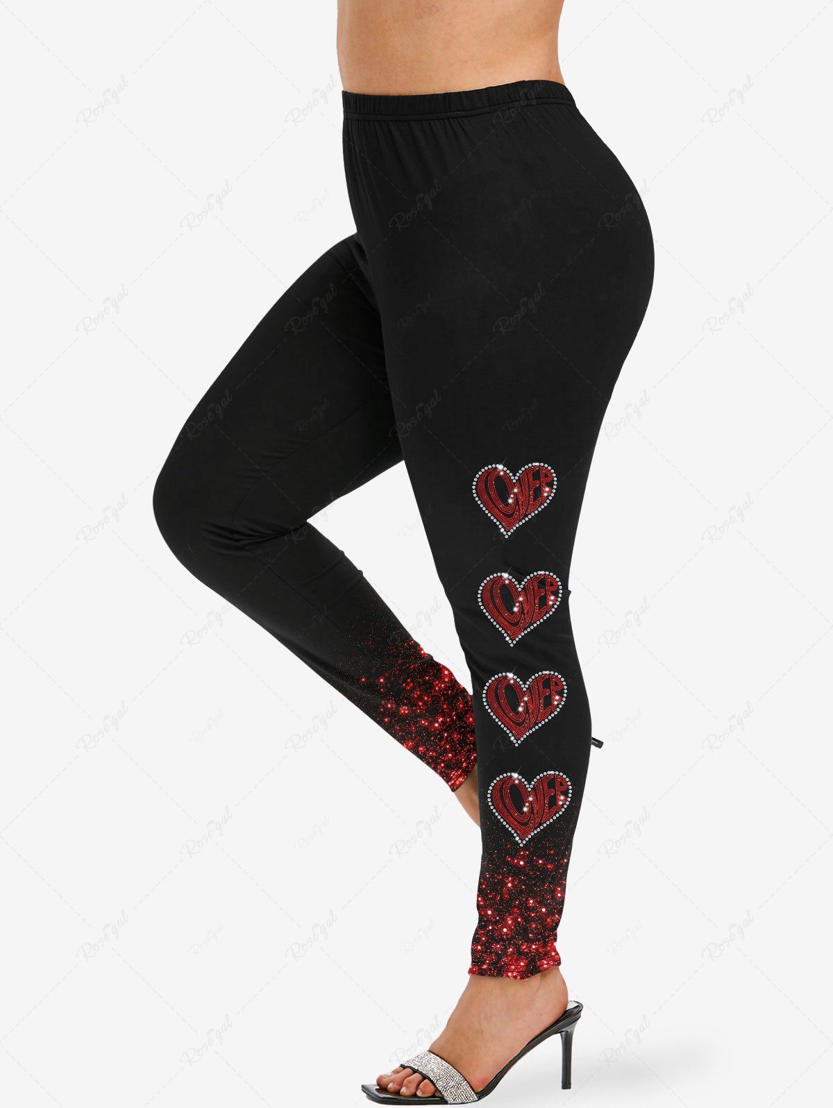 Trendy Plus Size Valentine's Day Heart Crystal Letters Glitter Sparkling Sequin 3D Print Leggings  
