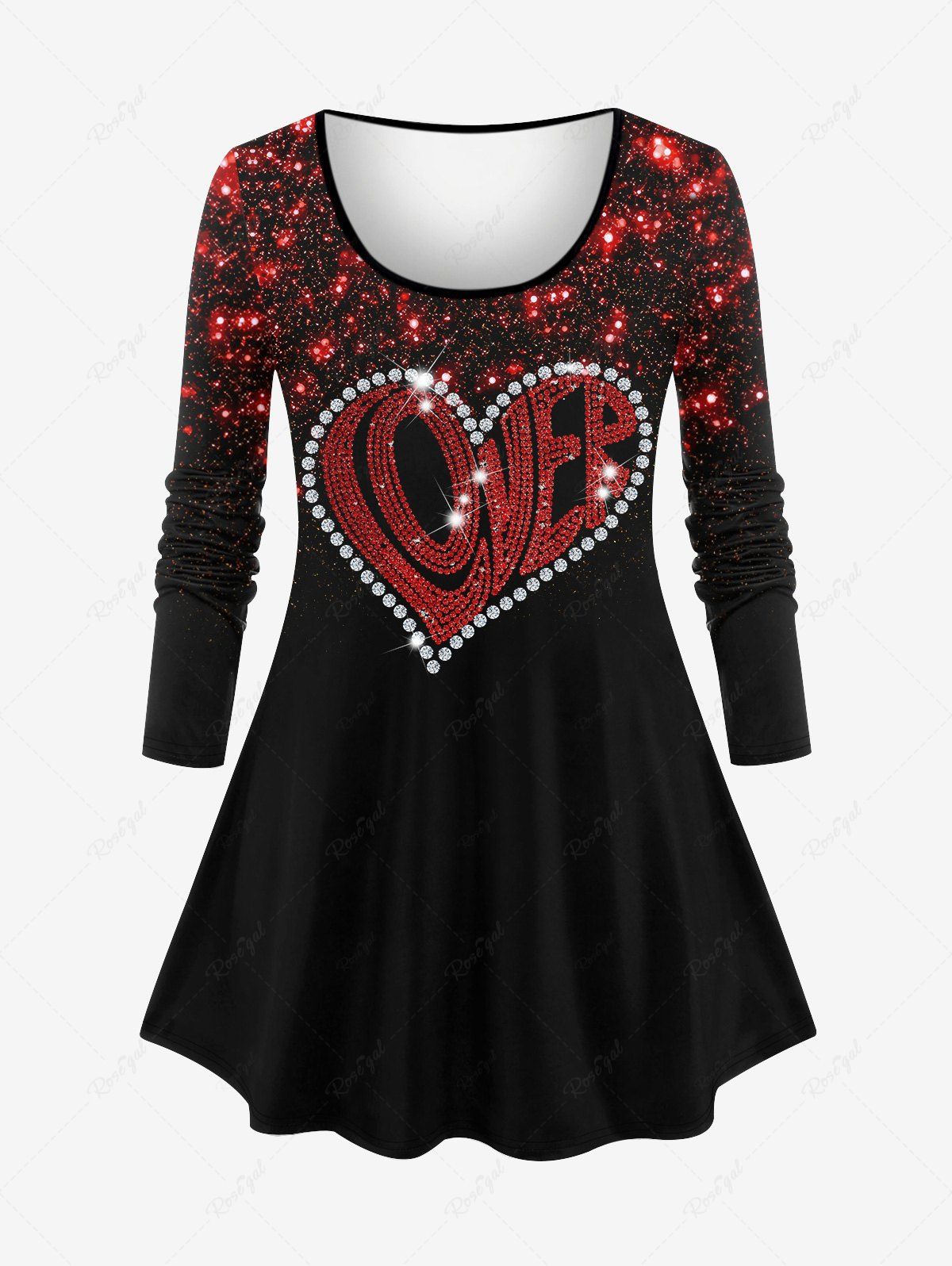 Chic Plus Size Valentine's Day Heart Crystal Letters Glitter Sparkling Sequin 3D Print Long Sleeve T-shirt  