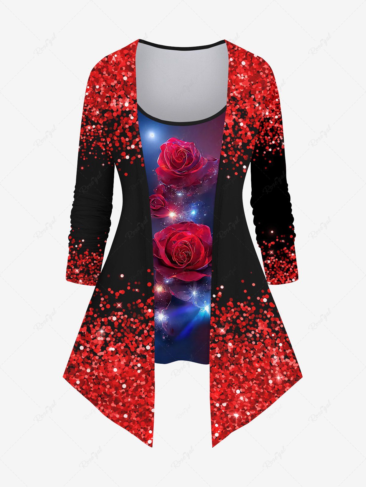 Outfit Plus Size Rose Flower Glitter Sparkling Sequin 3D Print 2 In 1 T-shirt  