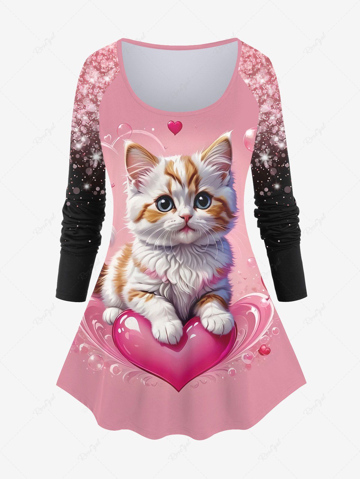Store Plus Size Valentine's Day Cat Heart Colorblock Glitter Sparkling Sequin 3D Print Raglan Sleeve T-shirt  