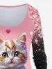 Plus Size Valentine's Day Cat Heart Colorblock Glitter Sparkling Sequin 3D Print Raglan Sleeve T-shirt -  