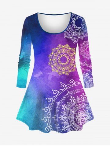 Plus Size Galaxy Tie Dye Ombre Mandala Floral Graphic Print Long Sleeve T-shirt - MULTI-A - 3X