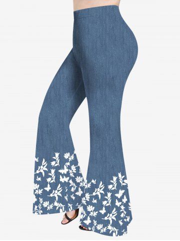 Plus Size Flowes Leaf Butterfly Denim 3D Print Flare Pants - BLUE - XS