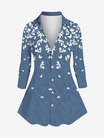 Plus Size Flowers Leaf Butterfly Denim 3D Print Button Down Shirt - BLUE - 5X