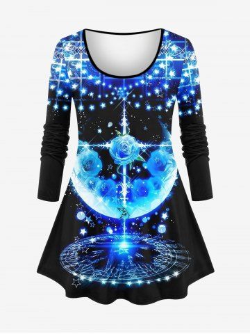 Plus Size Galaxy Star Moon Cross Magic Rose Flowers Plaid Glitter Sparkling Sequin 3D Print T-shirt - BLUE - S