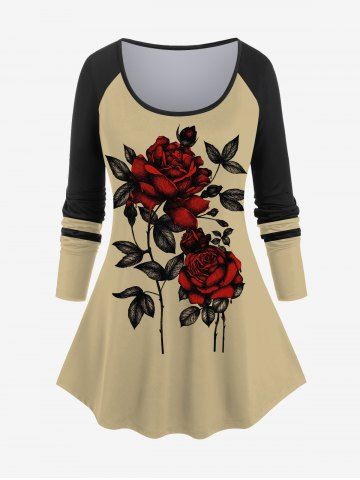 Plus Size Rose Flowers Leaf Colorblock Print Raglan Sleeve T-shirt - LIGHT COFFEE - S