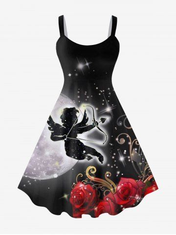 Plus Size Valentine's Day Cupid Heart Moon Rose Flowers Glitter 3D Print Tank Dress - BLACK - S