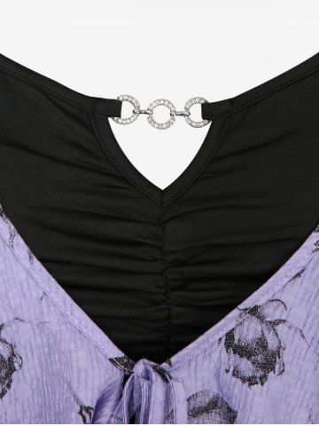 Plus Size Chain Panel Ruched Cami Top and Flower Print Turndown Collar Lettuce Trim Ruffles Tie Top