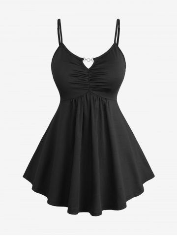 Plus Size Chain Panel Ruched Cami Top and Flower Print Turndown Collar Lettuce Trim Ruffles Tie Top