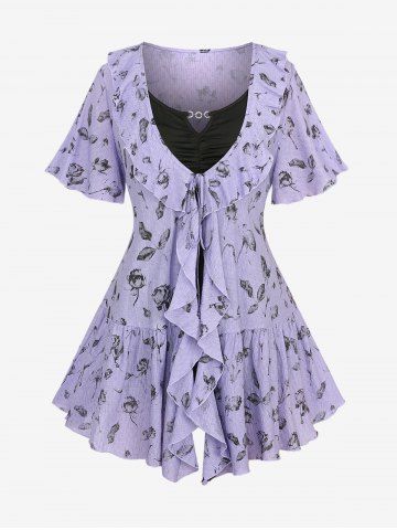 Plus Size Chain Panel Ruched Cami Top and Flower Print Turndown Collar Lettuce Trim Ruffles Tie Top - PURPLE - L | US 12