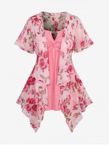 Plus Size Chain Panel Twist Cami Top and Flowers Leaf Print Ruffles Asymmetrical Open Front Cardigan Chiffon Top - LIGHT PINK - M | US 10