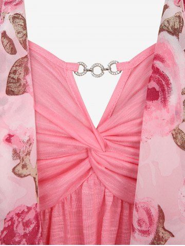 Plus Size Chain Panel Twist Cami Top and Flowers Leaf Print Ruffles Asymmetrical Open Front Cardigan Chiffon Top