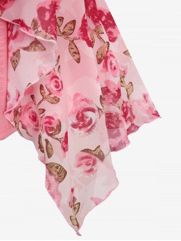 Plus Size Chain Panel Twist Cami Top and Flowers Leaf Print Ruffles Asymmetrical Open Front Cardigan Chiffon Top