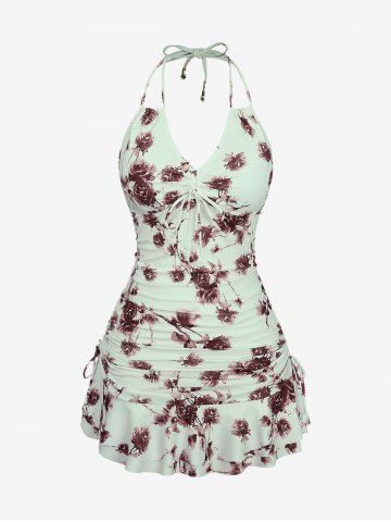 Plus Size Retro Rose Flowers Print Halter Cinched Ruffles Ruched Tankini Set