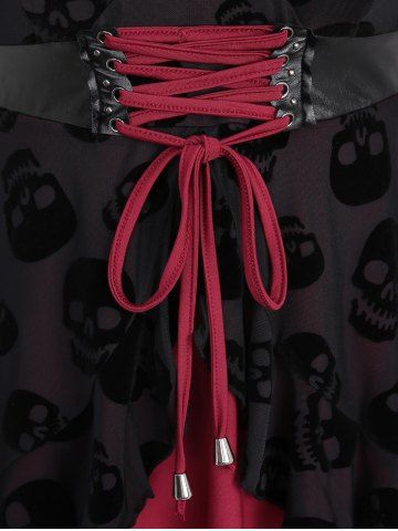 Plus Size Skulls Flocking Mesh Layered Lace Up PU Leather Grommets Heart Buckle Tank Top