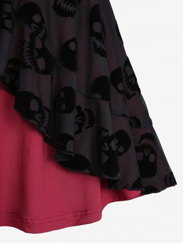 Plus Size Skulls Flocking Mesh Layered Lace Up PU Leather Grommets Heart Buckle Tank Top