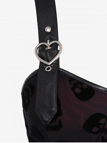 Plus Size Skulls Flocking Mesh Layered Lace Up PU Leather Grommets Heart Buckle Tank Top