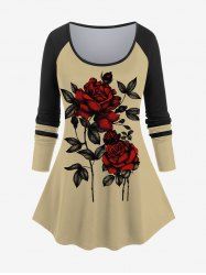 Plus Size Rose Flowers Leaf Colorblock Print Raglan Sleeve T-shirt -  
