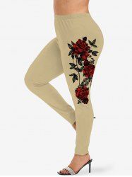 Plus Size Rose Flowers Leaf Print Leggings -  
