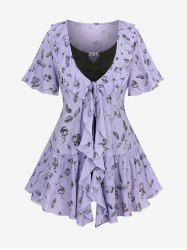 Plus Size Chain Panel Ruched Cami Top and Flower Print Turndown Collar Lettuce Trim Ruffles Tie Top -  