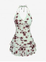 Plus Size Retro Rose Flowers Print Halter Cinched Ruffles Ruched Tankini Set -  