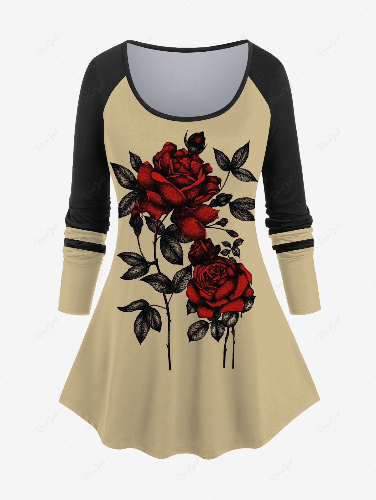 Outfits Plus Size Rose Flowers Leaf Colorblock Print Raglan Sleeve T-shirt  