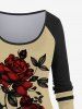 Plus Size Rose Flowers Leaf Colorblock Print Raglan Sleeve T-shirt -  