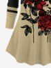 Plus Size Rose Flowers Leaf Colorblock Print Raglan Sleeve T-shirt -  