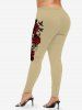 Plus Size Rose Flowers Leaf Print Leggings -  
